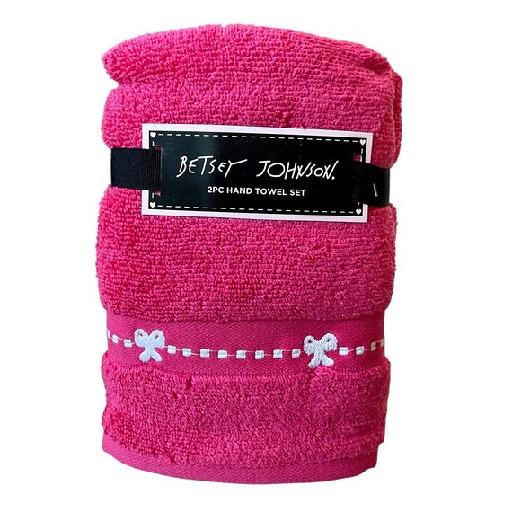2pc Betsey Johnson Hand Towels 16x26 Hot Pink White Coquette Bow 100% Cotton New - Picture 1 of 11